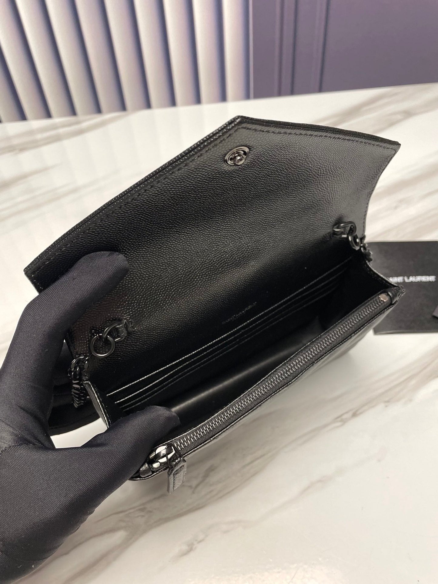 ysl black envelope small bag in mix matelasse grain de poudre embossed leather