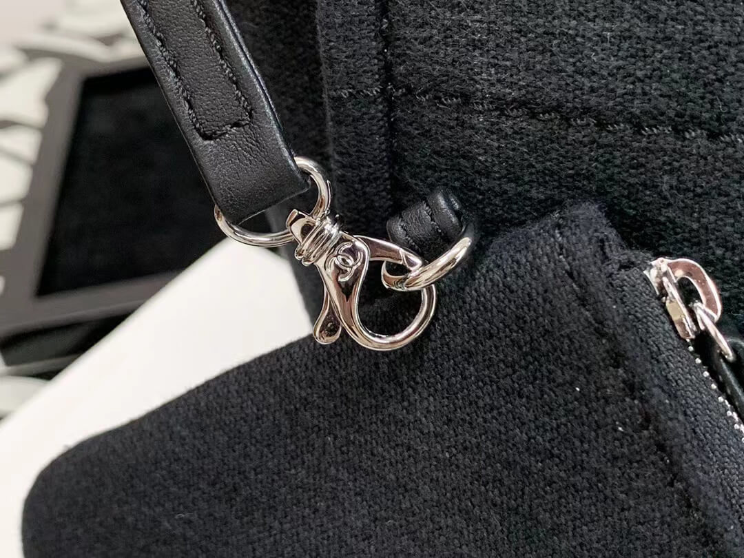 cha 66941 black silver canvas real leather beach tote bag