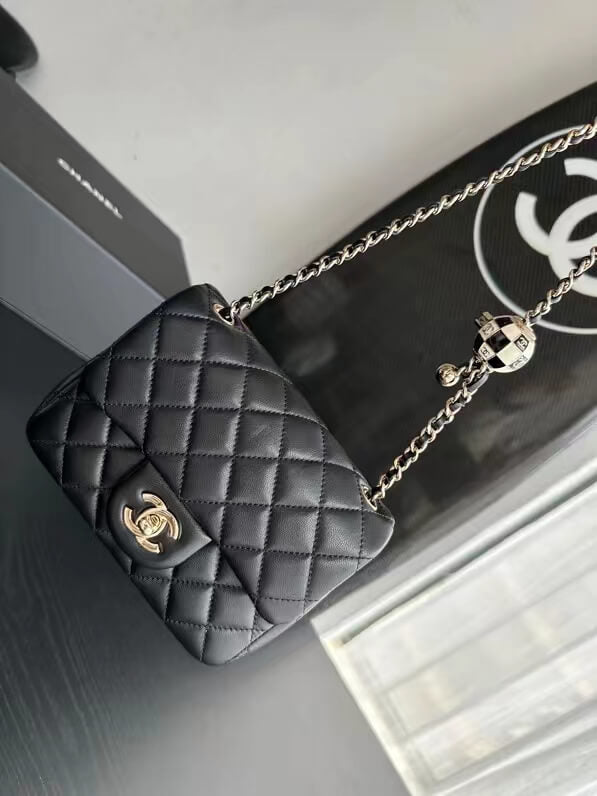 cha g3ep09k5 black mini flap bag lambskin enamel gold tone metal