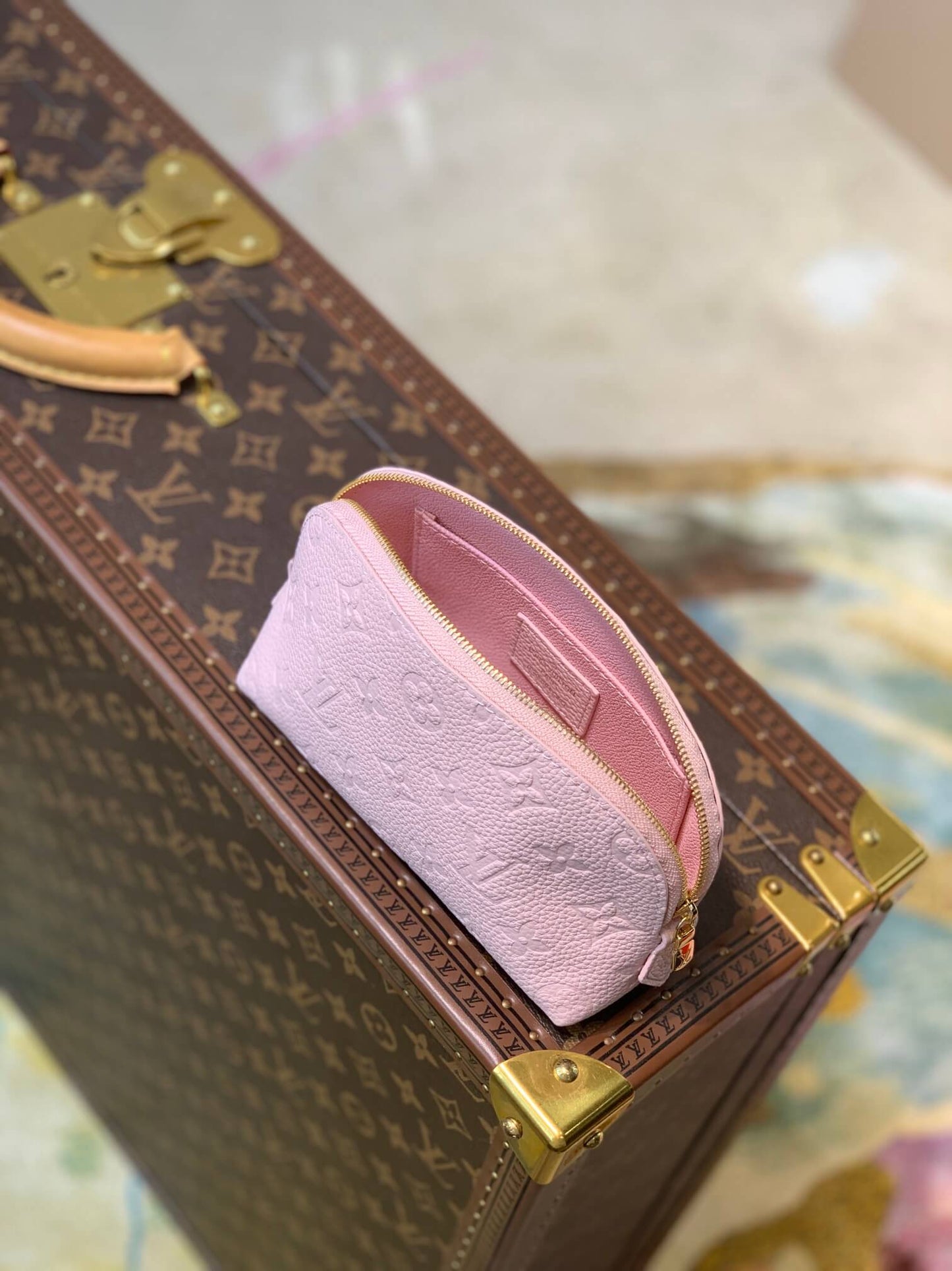 m47515 pink monogram 19cm cosmetic pouch cowhide real leather