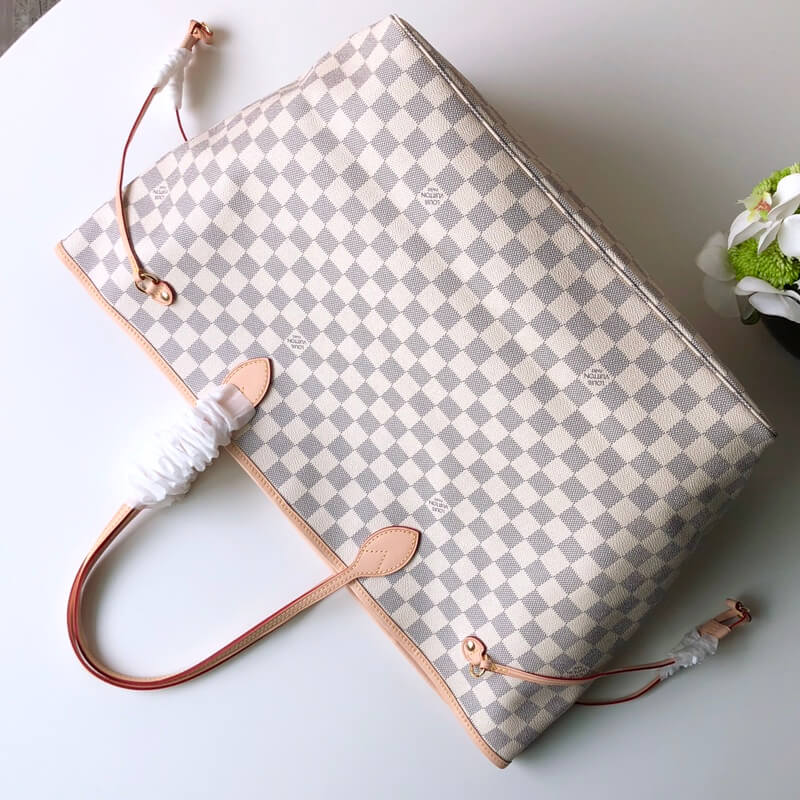 n41360 neverfull gm beige damier azur white handbag apricot lining