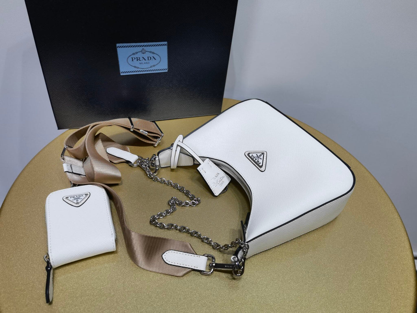 pra 3 in one set bags saffiano cowhide leather white 1bh204