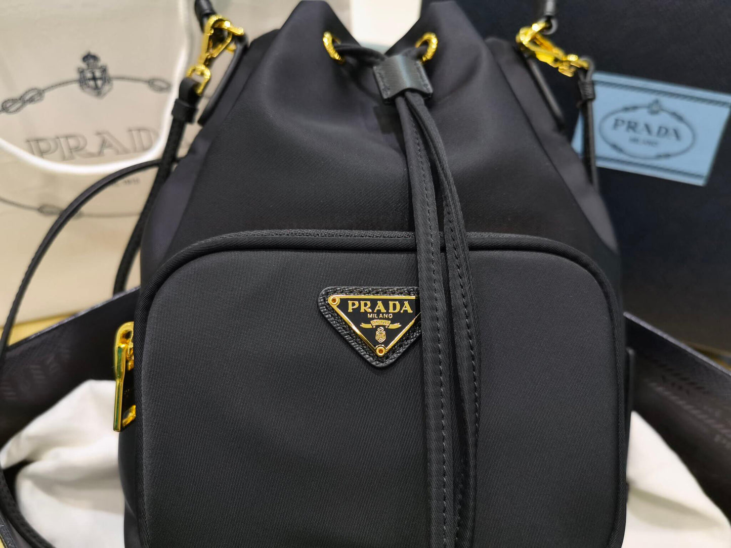 prada duet re nylon bucket bag black 1bh038
