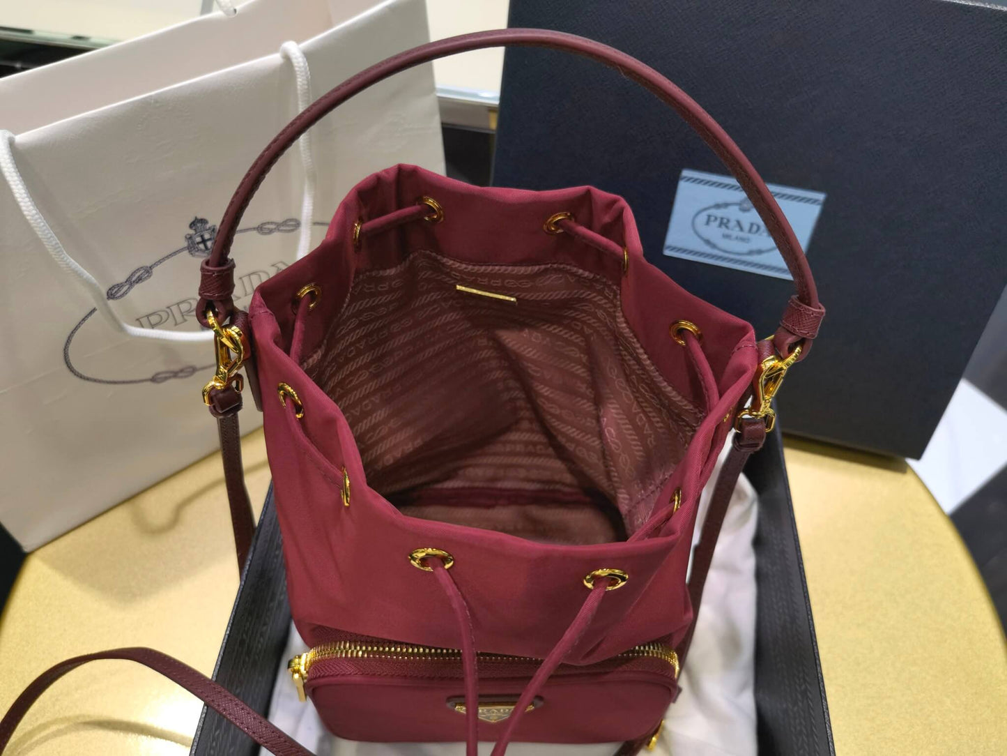 prada duet re nylon bucket bag red 1bh038