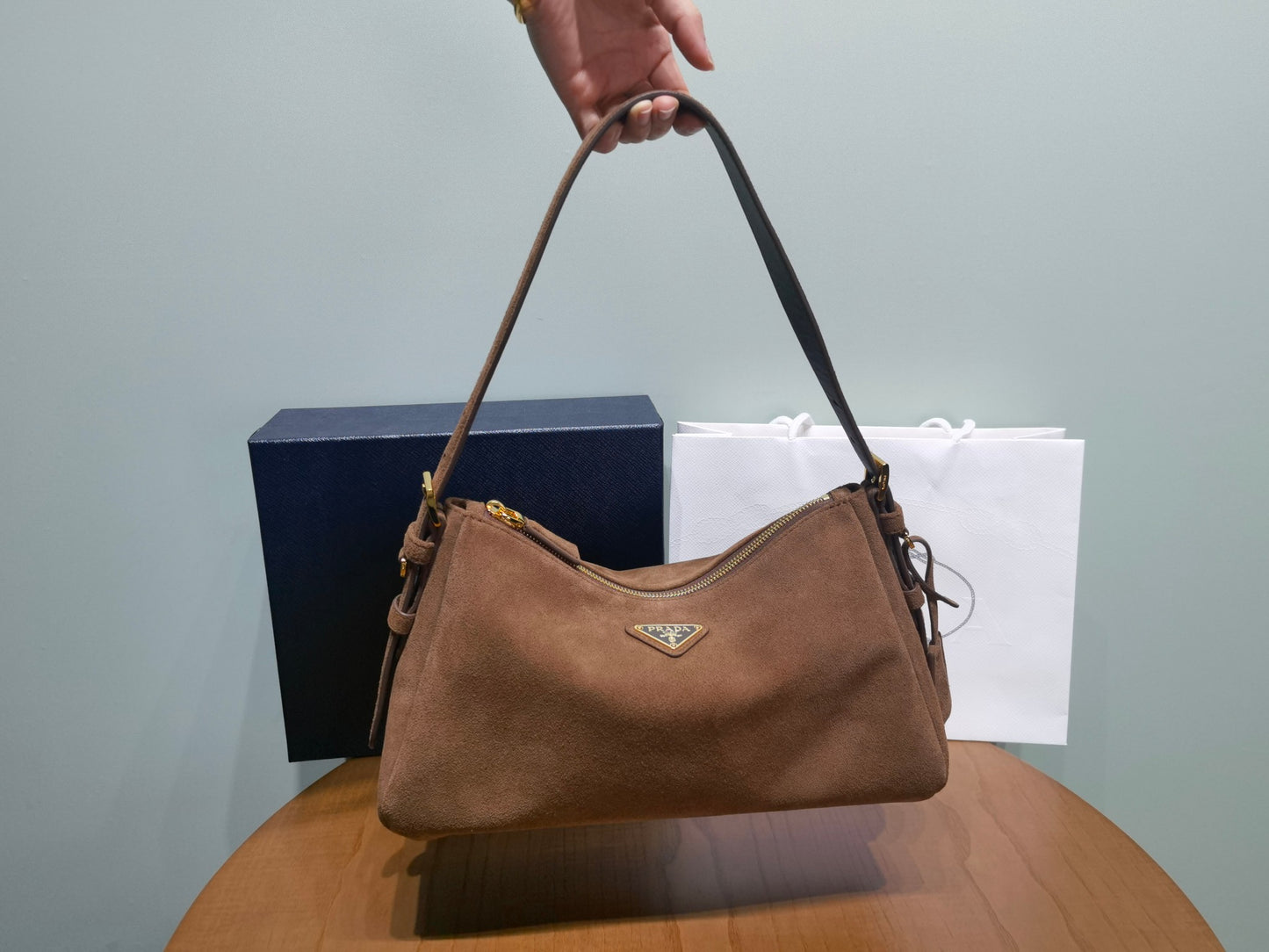 PRADA New Suede Shoulder Bag Underarm Bag Brown 1BC229