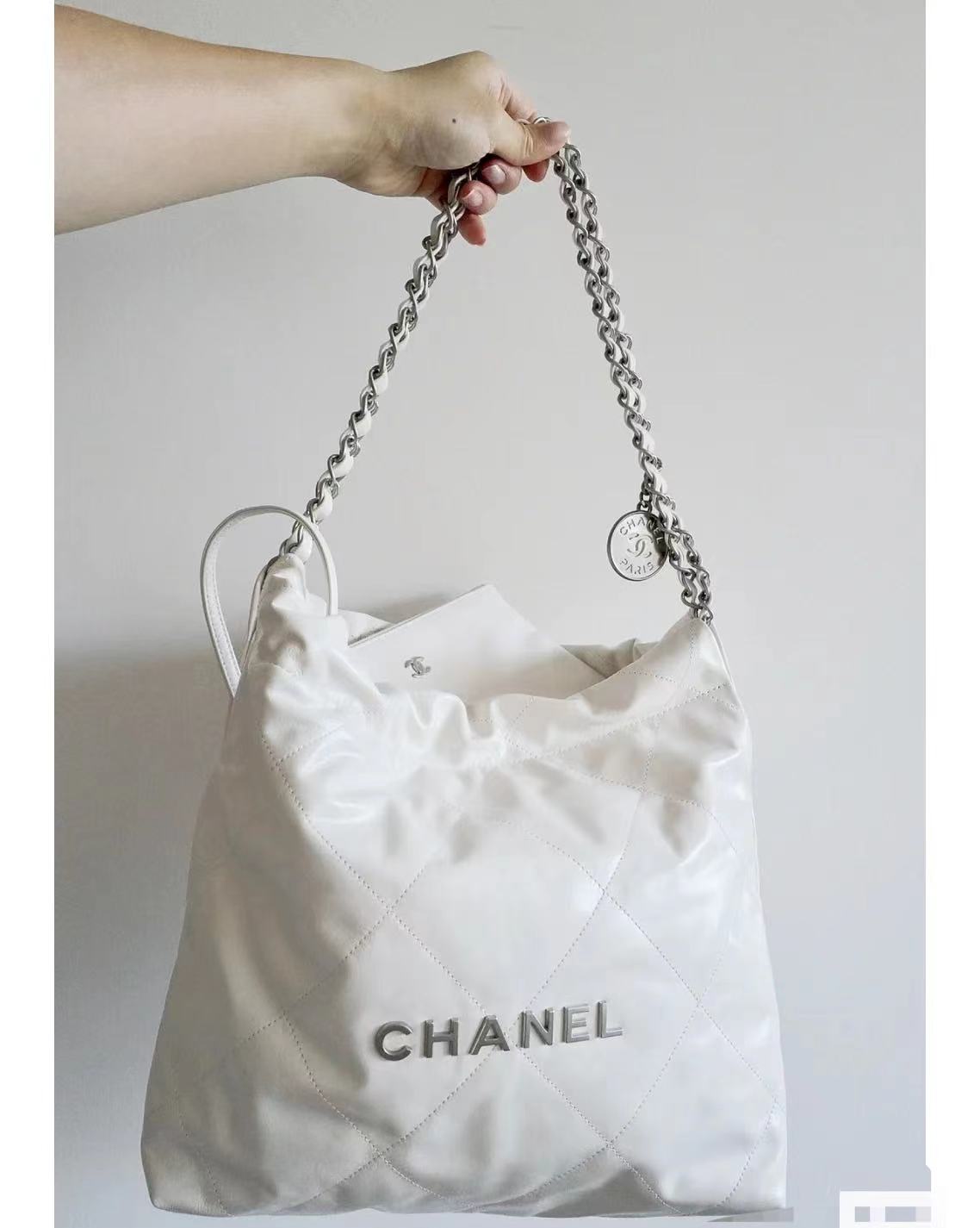 cha 22 bag pm silver hardware cowhide leather white