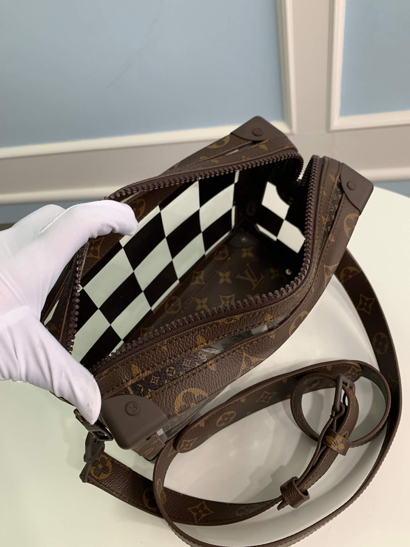 m20871 side trunk pm monogram chess 25cm brown shoulder bag cross body bags