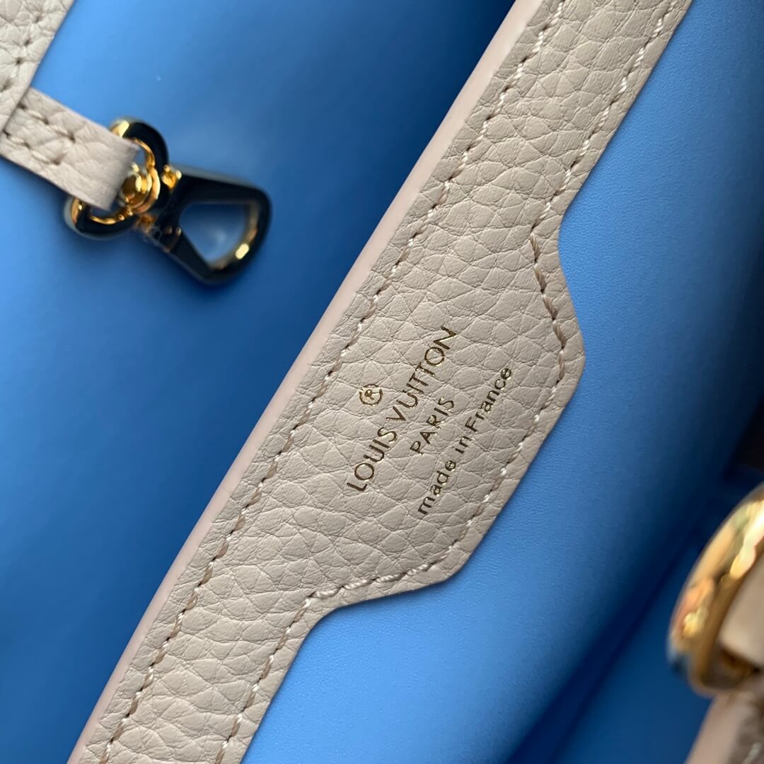 m21689 capucines pm handbag 27cm blue silk texture cowhide shoulder bag cross body bags