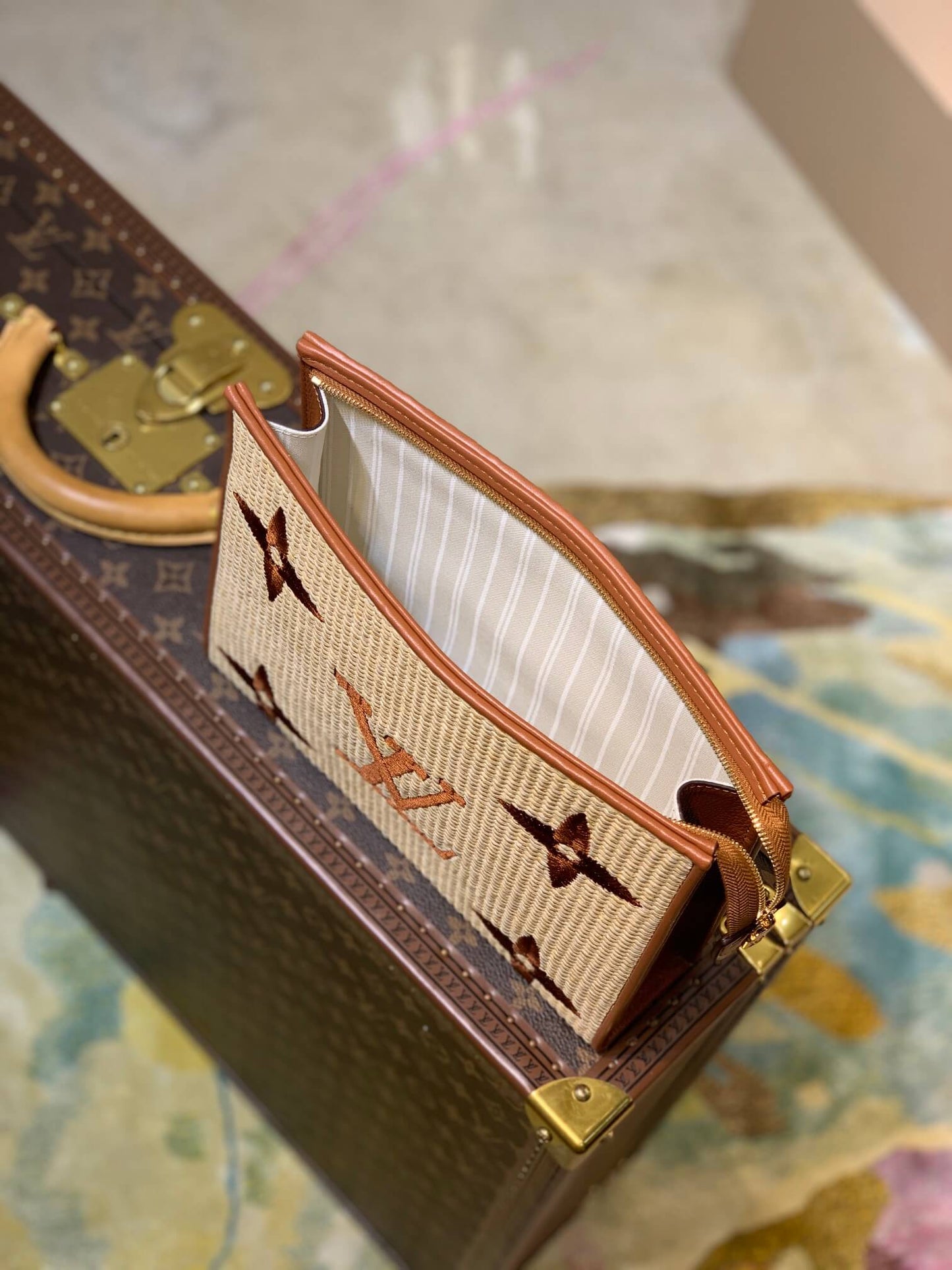 m80351 apricot monogram raffia 25cm clutch bag