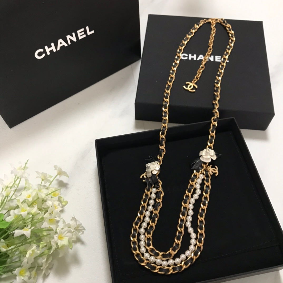 personalized and trendy versatile black gold camellia pearl waist chain necklace dual purpose xla57