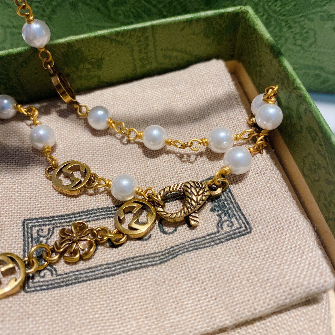 vintage flower letter pearl necklace light luxury french high end collar chain xla50