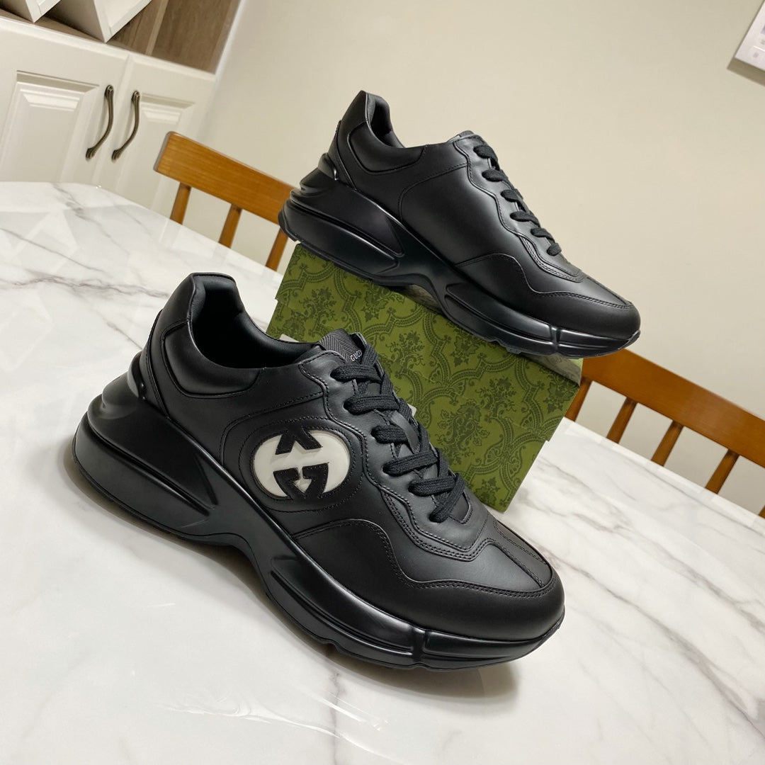 2024 spring summer genuine leather casual mens pure black sports thick sole dad shoes xzh124