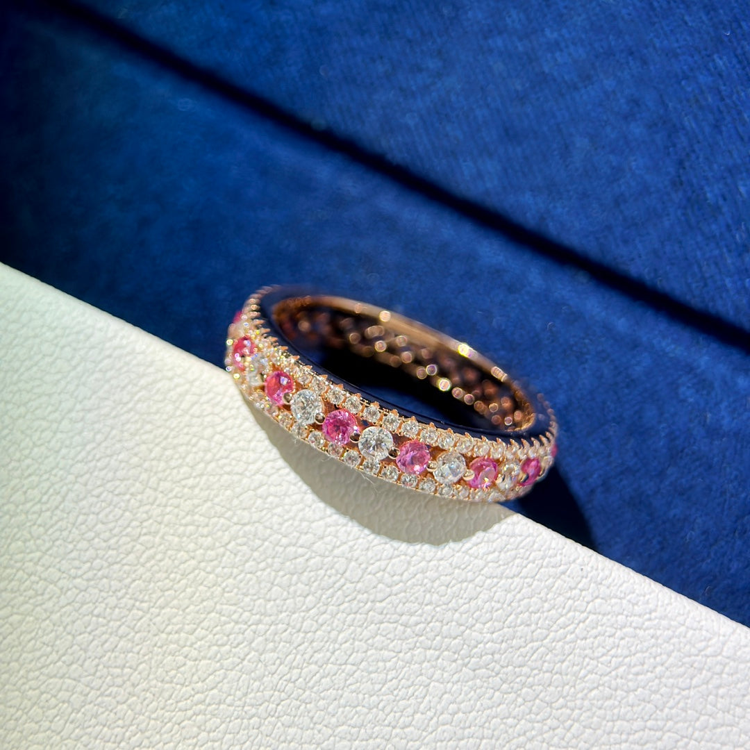 light luxury high end rose gold full diamond full circle pink diamond row diamond ring jza36