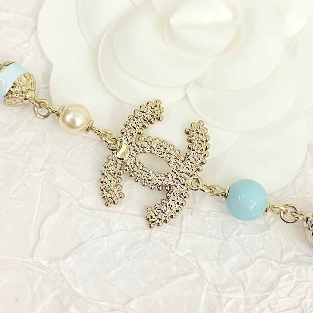 chanels new trendy blue glass pearl double c gold necklace xla83