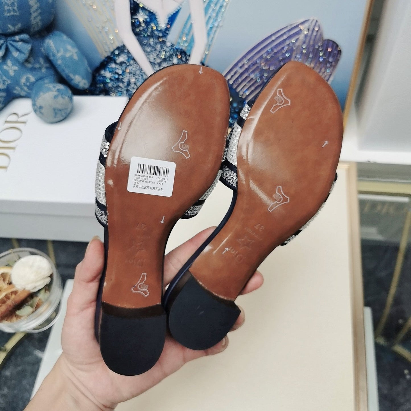 dior summer popular genuine leather thick heel electric embroidery hot diamond slippers black sandals xzh87