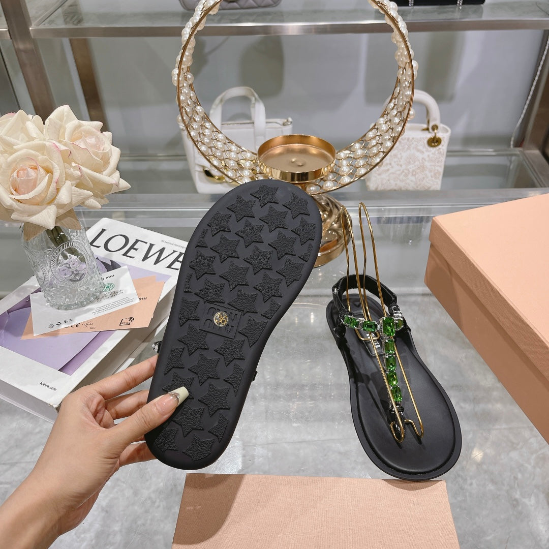 roman sparkling green rhinestone toe clip flat sandals with knot holiday slippers xzh95