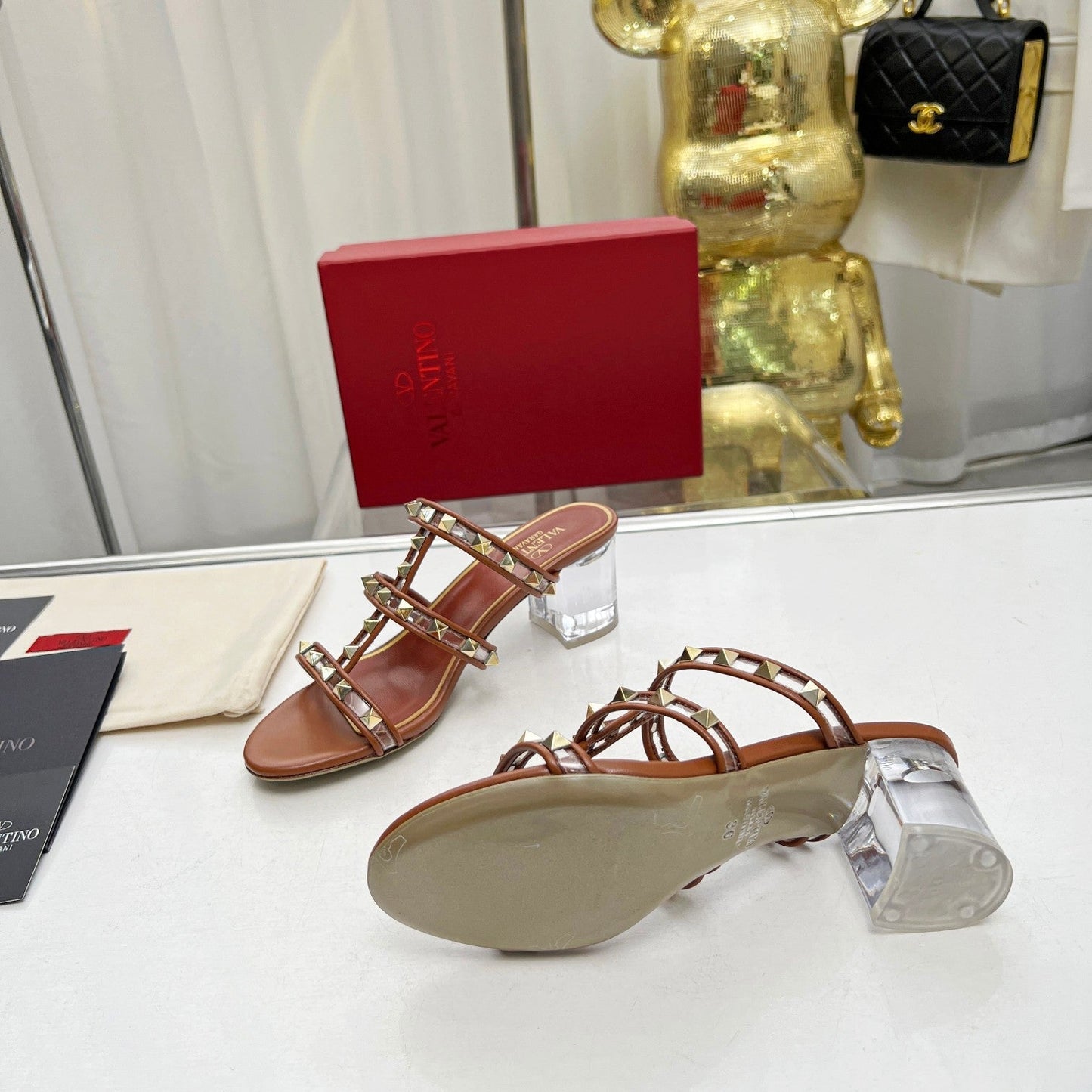 rivet transparent crystal thick heel dark brown sandals single shoe xzh149