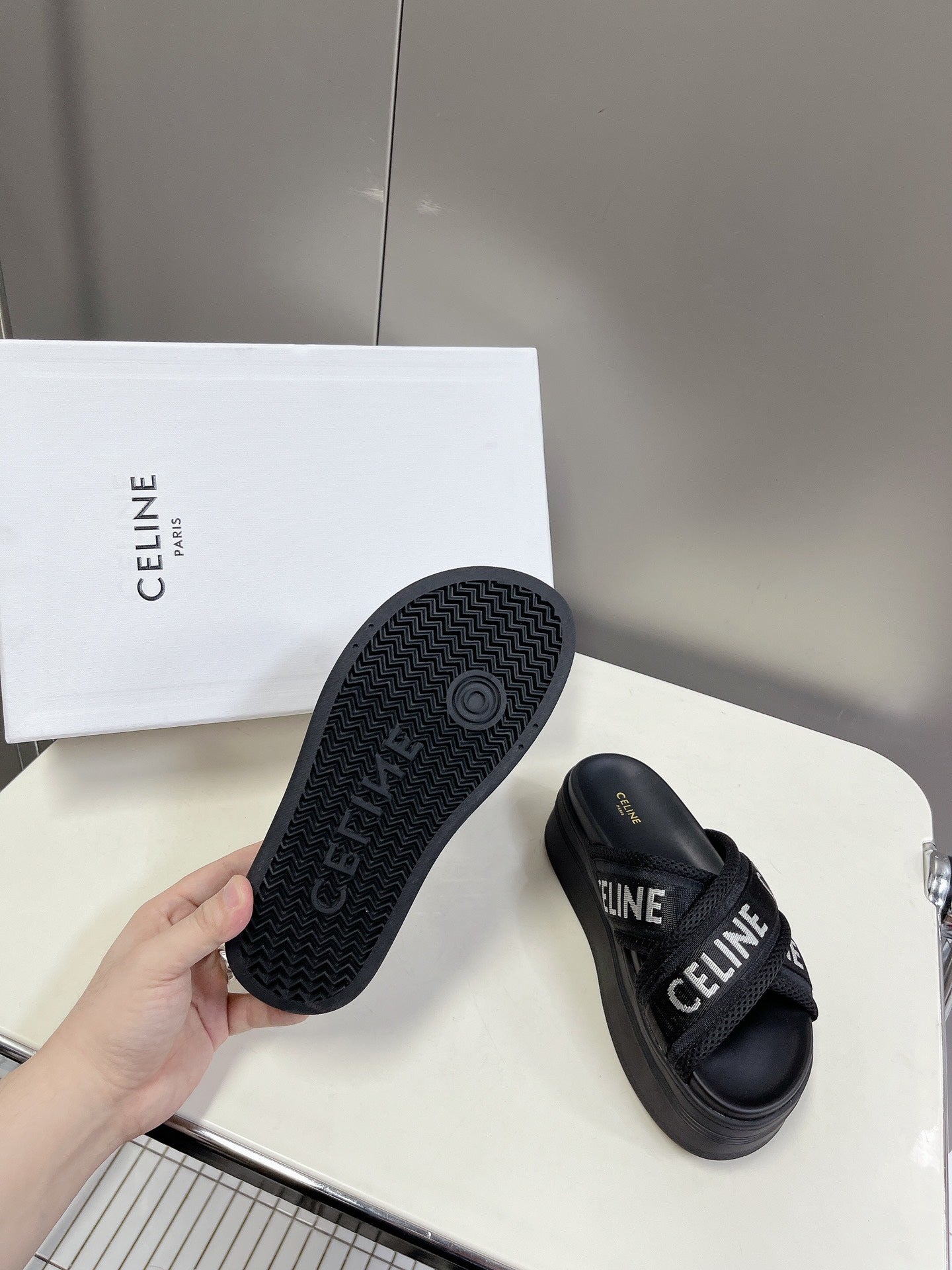 celine block mesh black jacquard fabric thick sole sandals xzh200