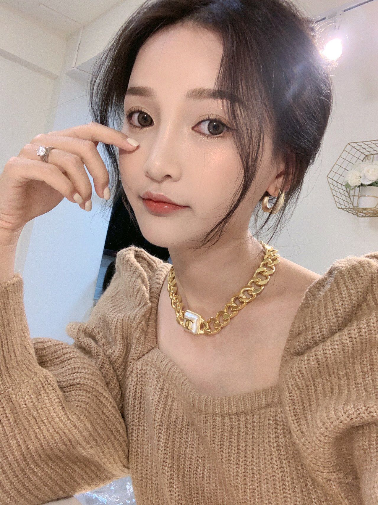 single diamond geometry gold chain necklace eha111