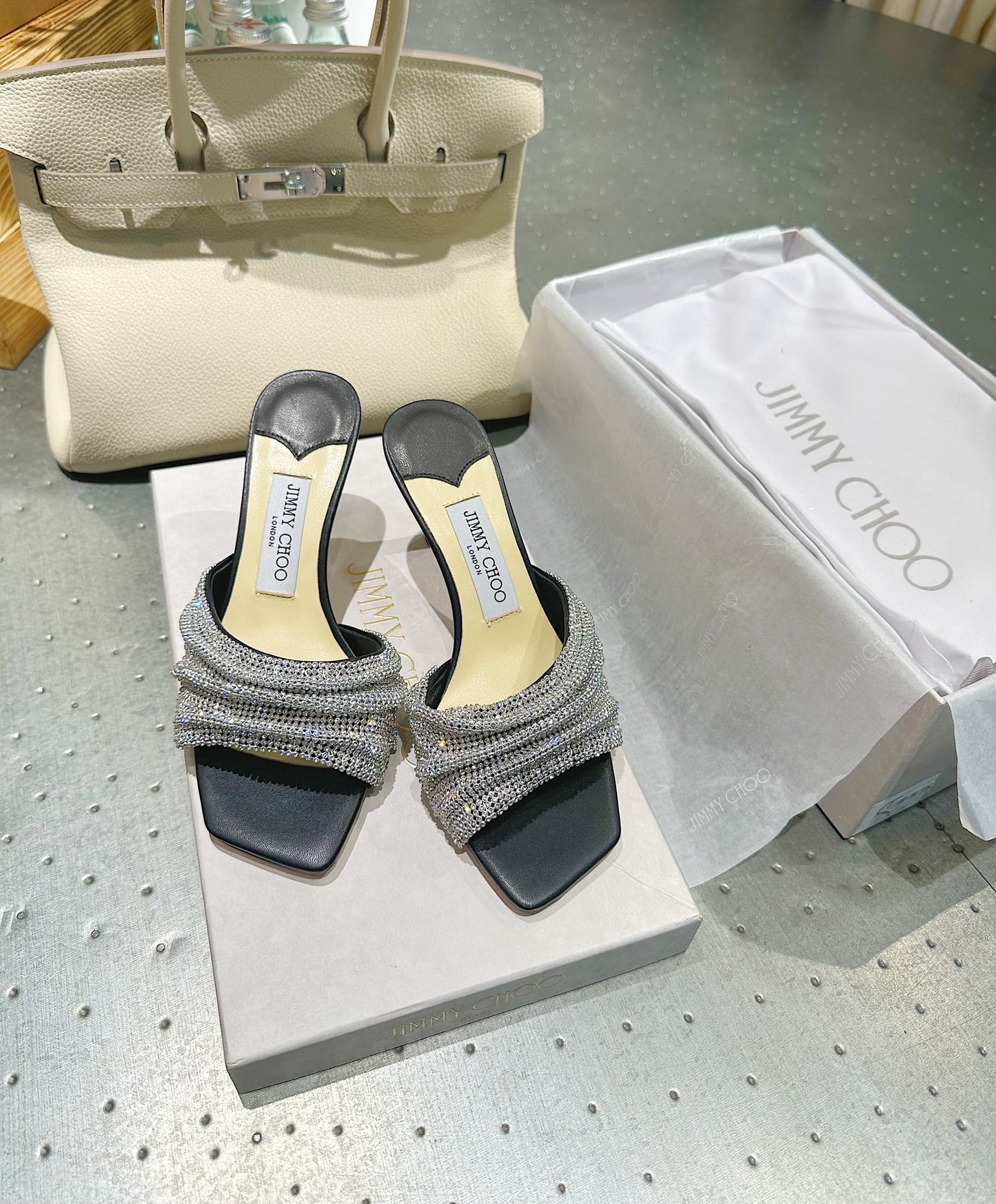 square head straight line hot diamond black high heel sandals xzh153