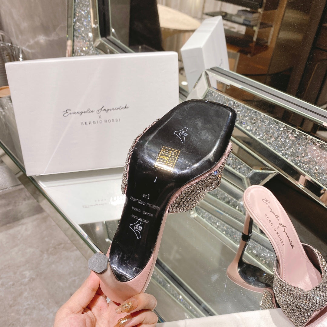 sergio ross pink slippery slippers with open toe square head slim heels bst75