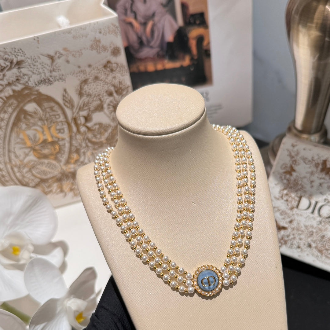 three layer pearl sea blue gold necklace xlc58