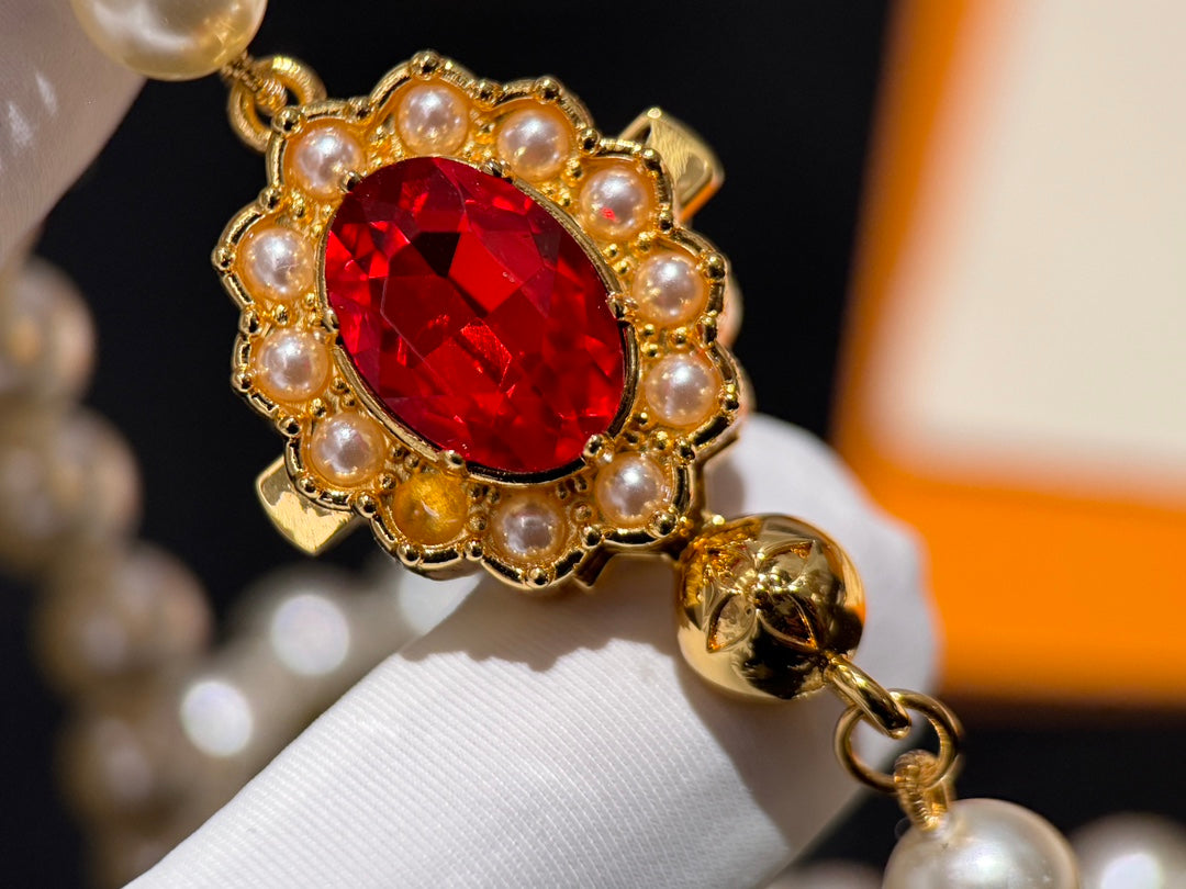 vintage letter pearl red agate necklace xlc60