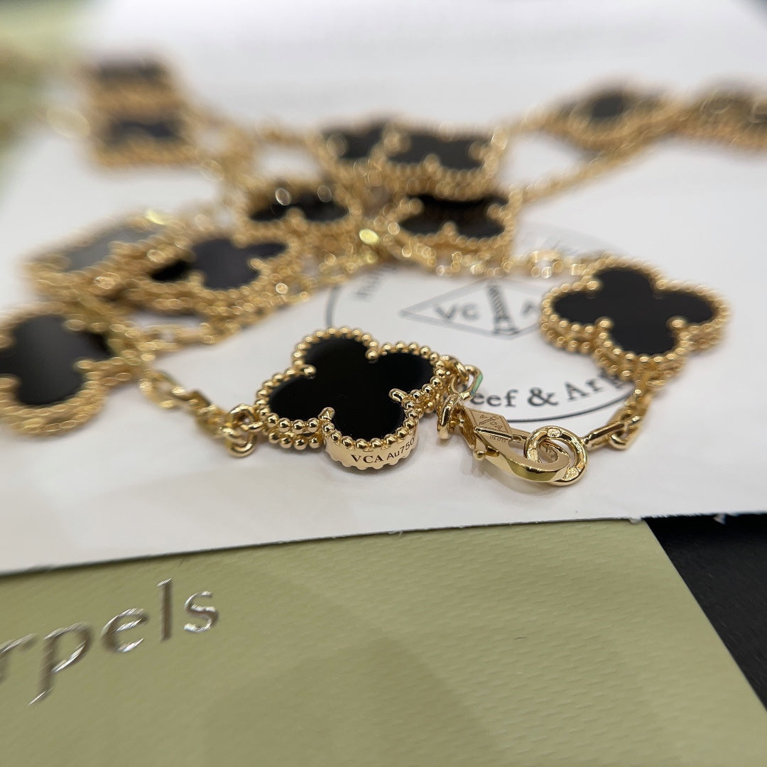 gold 18k black agate twenty flower long necklace xlc80