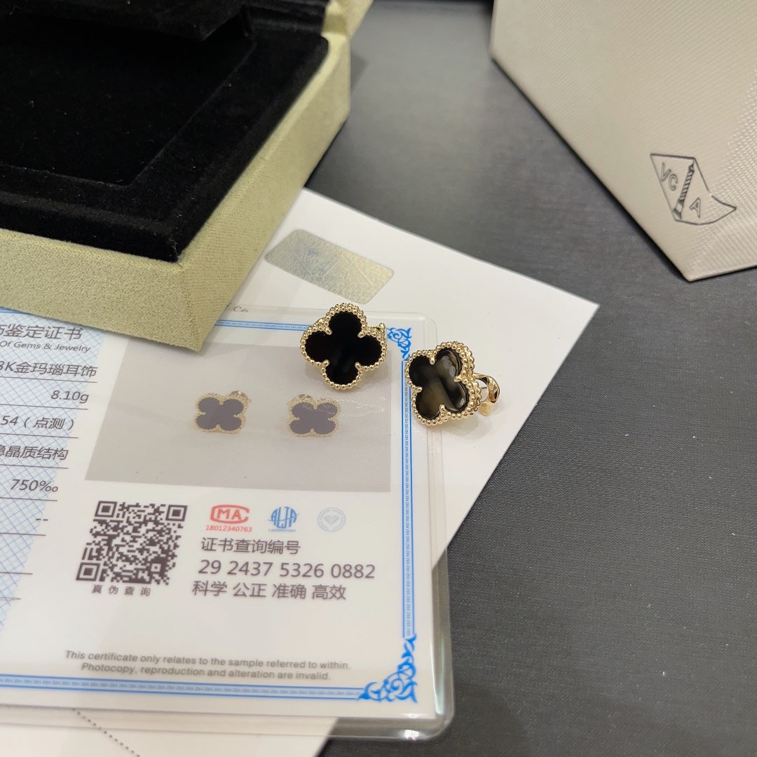 four leaf clover black agate gold earrings ehc61