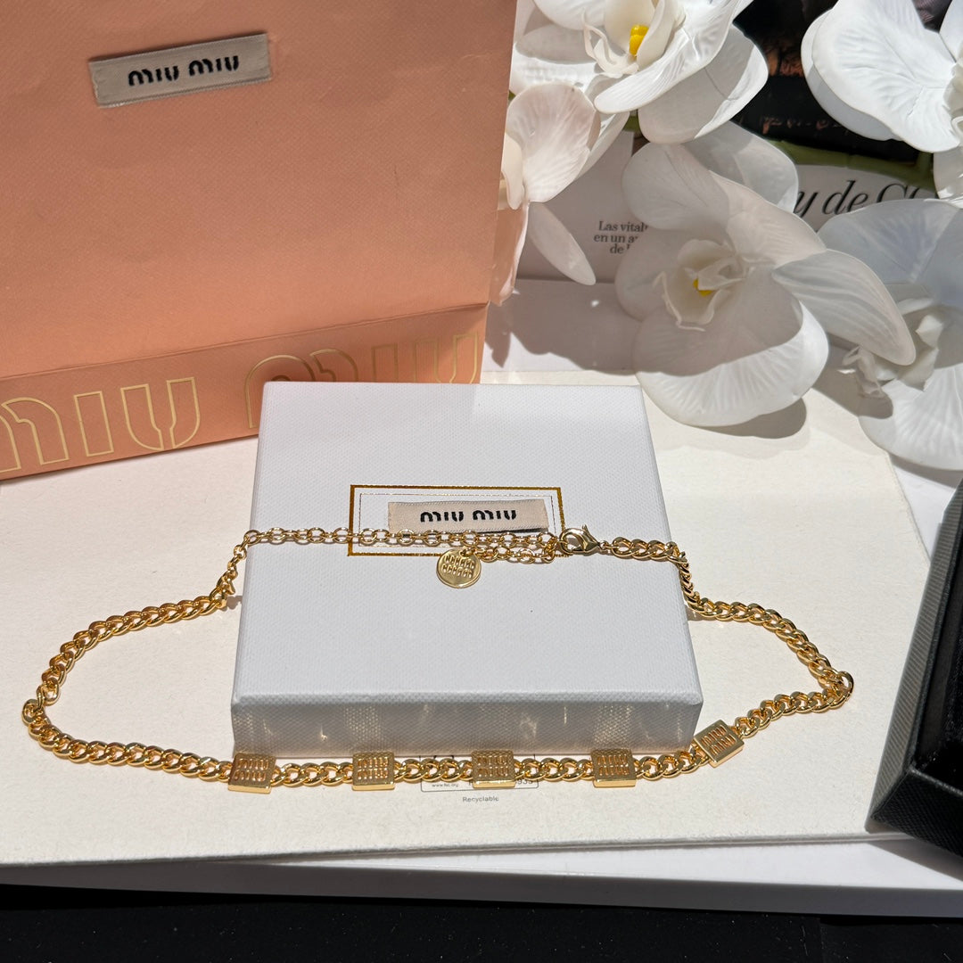 miumiu logo double layer square gold hollow necklace xlc89