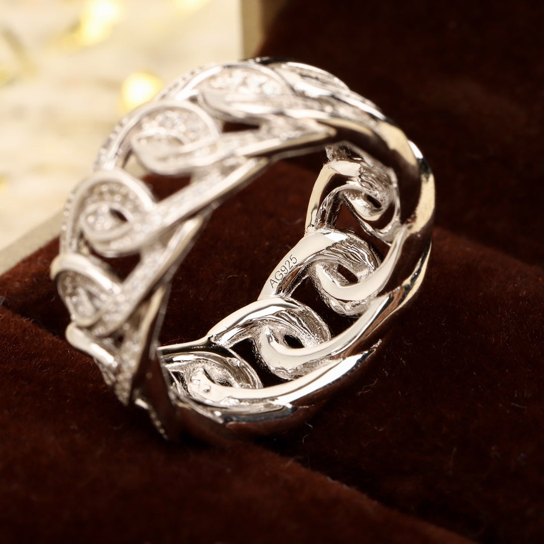 caibao series pure silver hollow chain diamond inlaid ring jza67