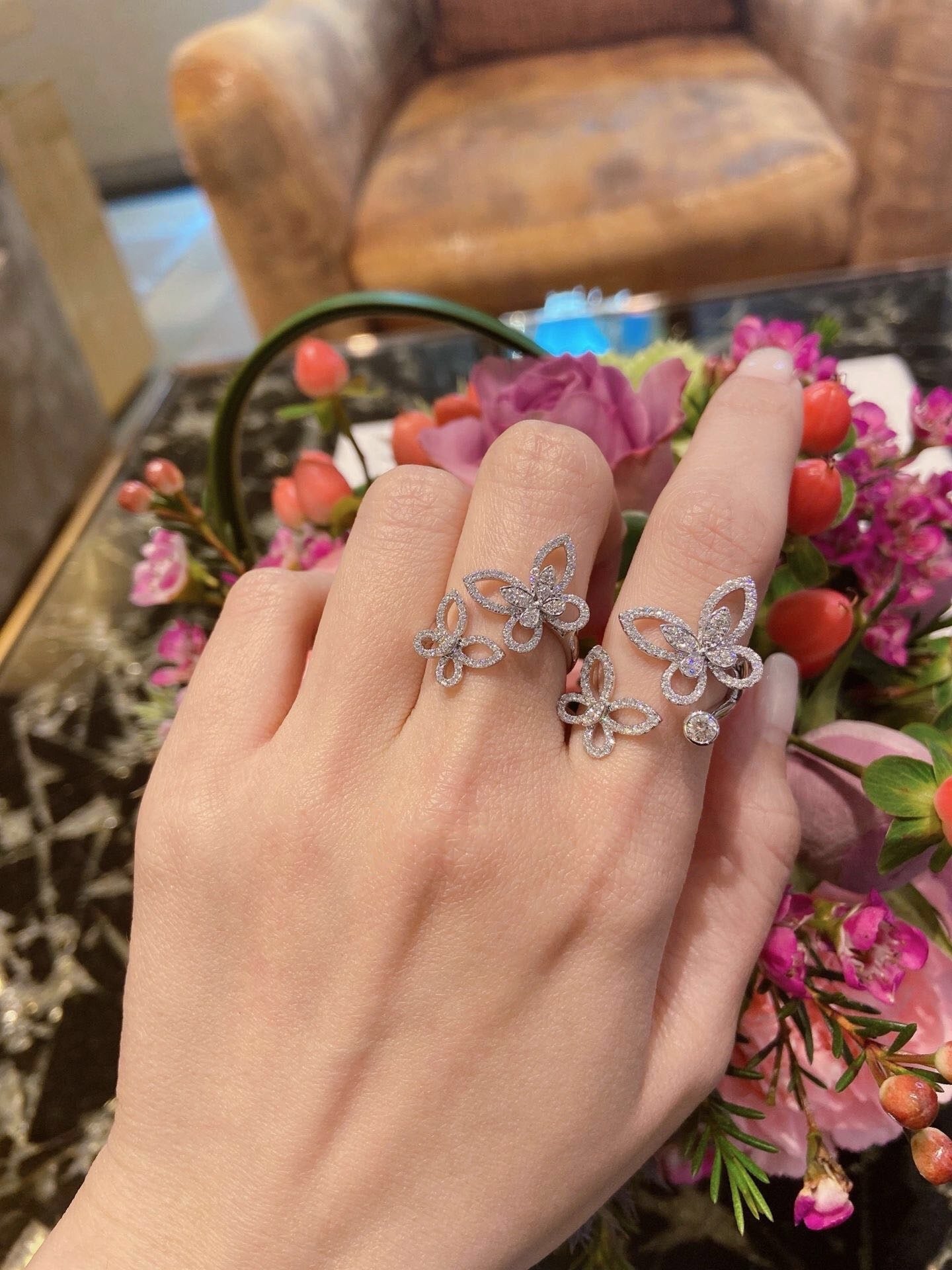 phantom diamond butterfly open silver ring jza75