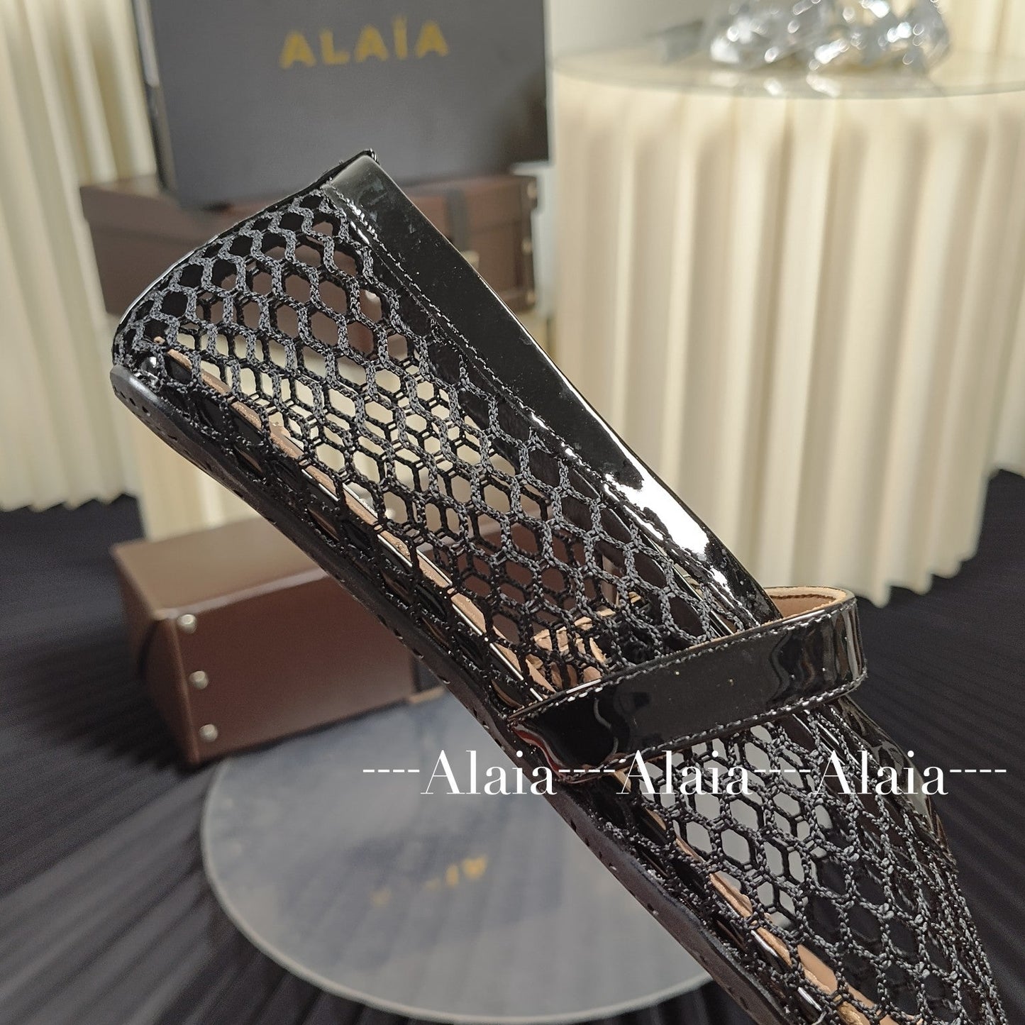 black hollow round head mesh one button ballet flat slippers xzh215