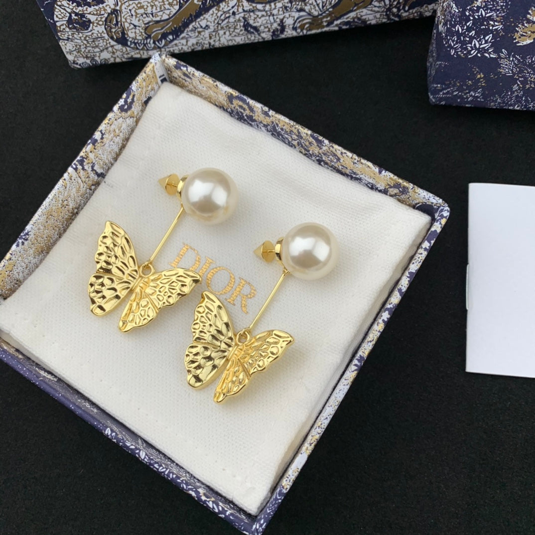 do front and rear bead butterfly gold earrings