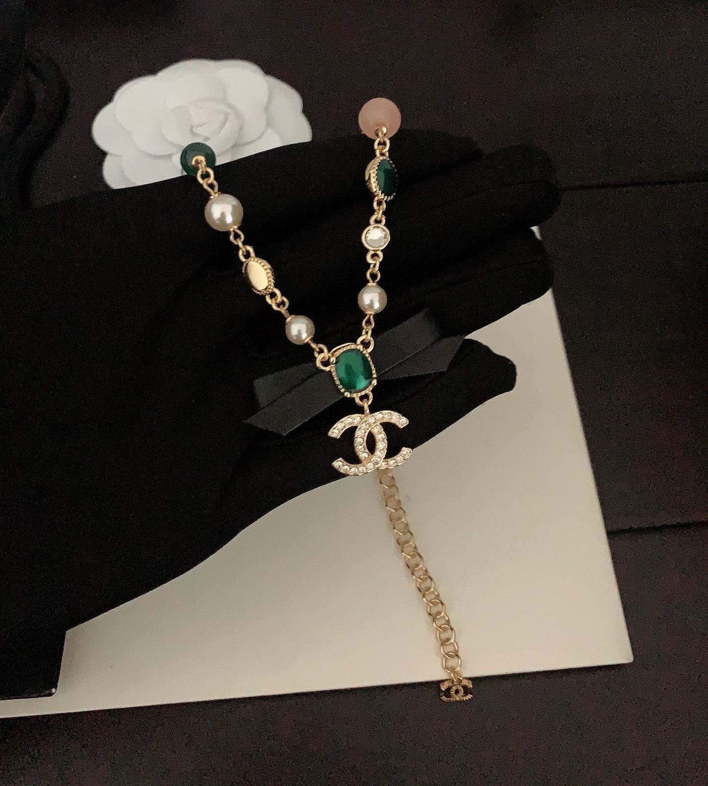 black leather green diamond bow gold necklace xla176