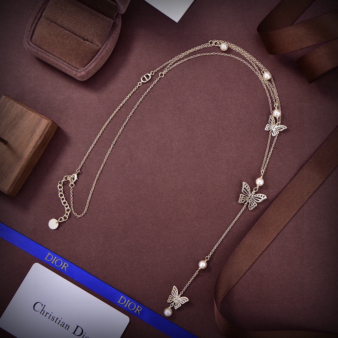 double layer butterfly pearl sweater chain necklace xla178