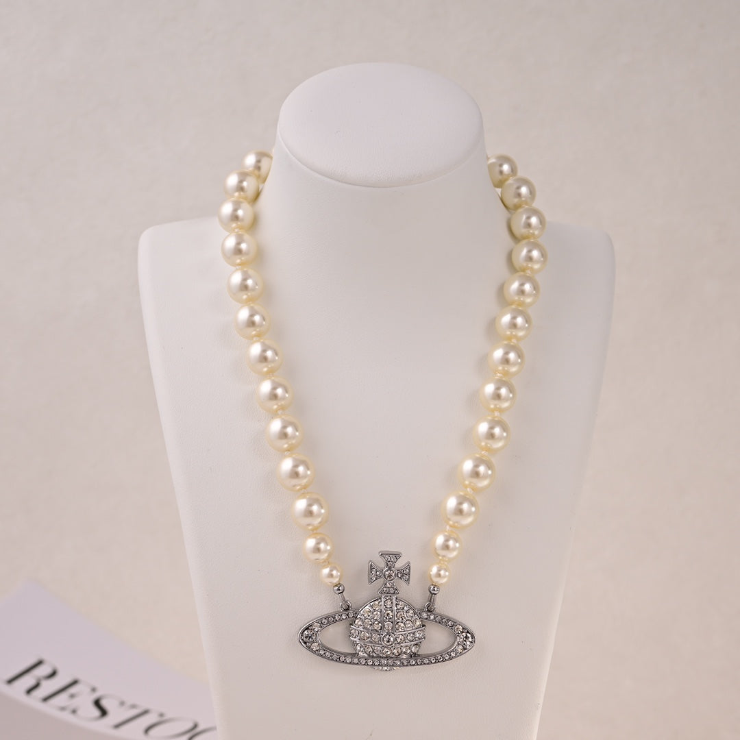 saturn silver pearl necklace xla485