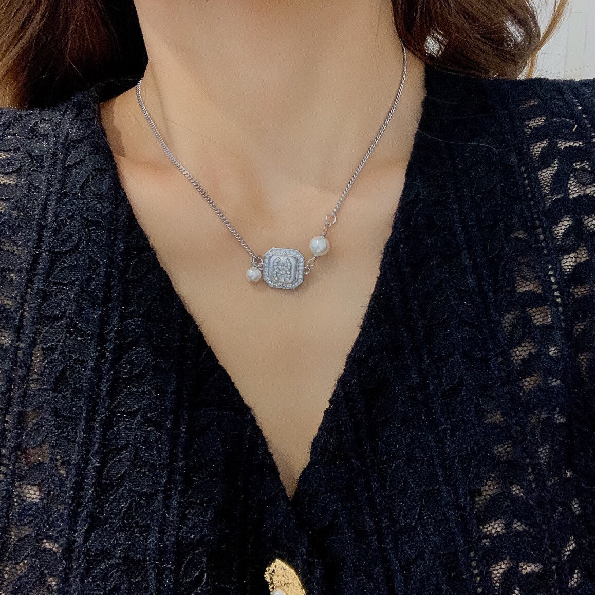 cha double c diamond pearl silver necklace xla214