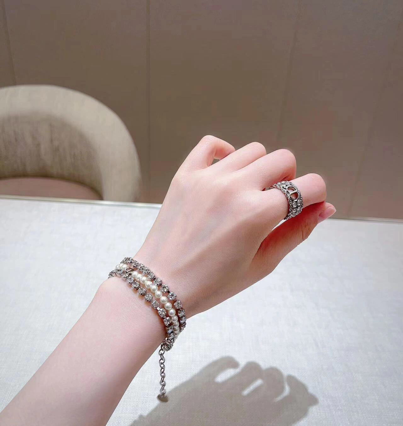 3 layer pearl diamond silver bracelet sla122
