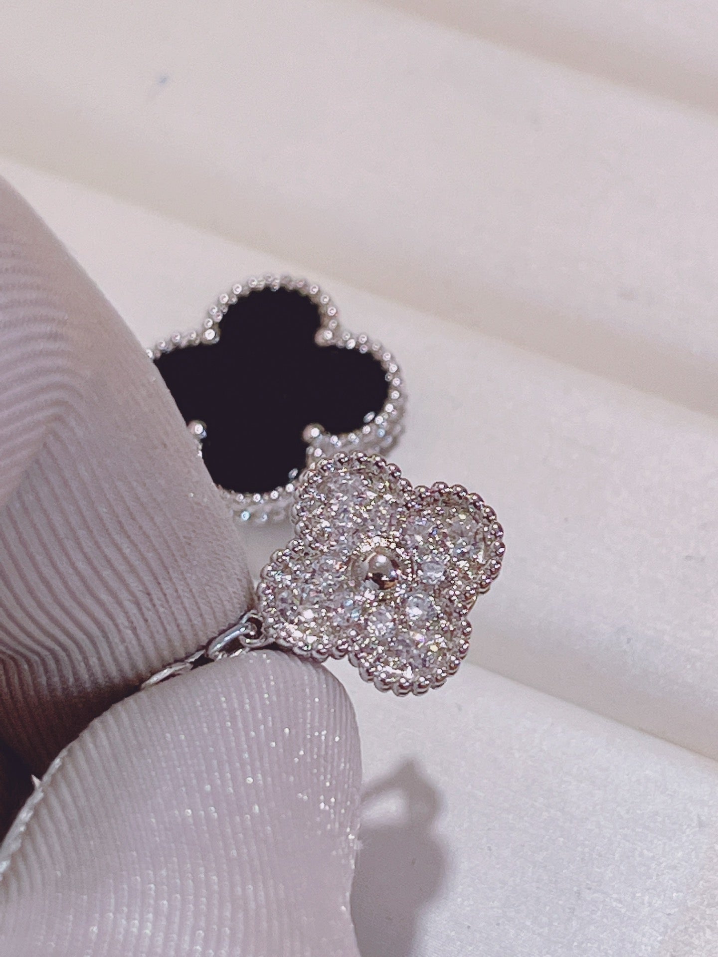 18k rose gold clover double flower black agate earrings eha386