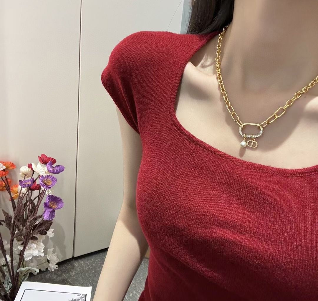 cd half diamond oval buckle gold necklace xla251