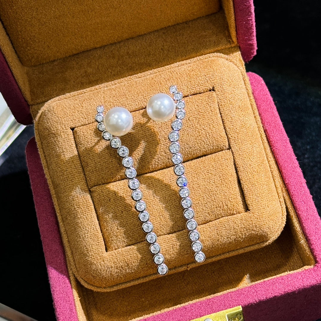 round diamond pearl tassel silver earrings eha641