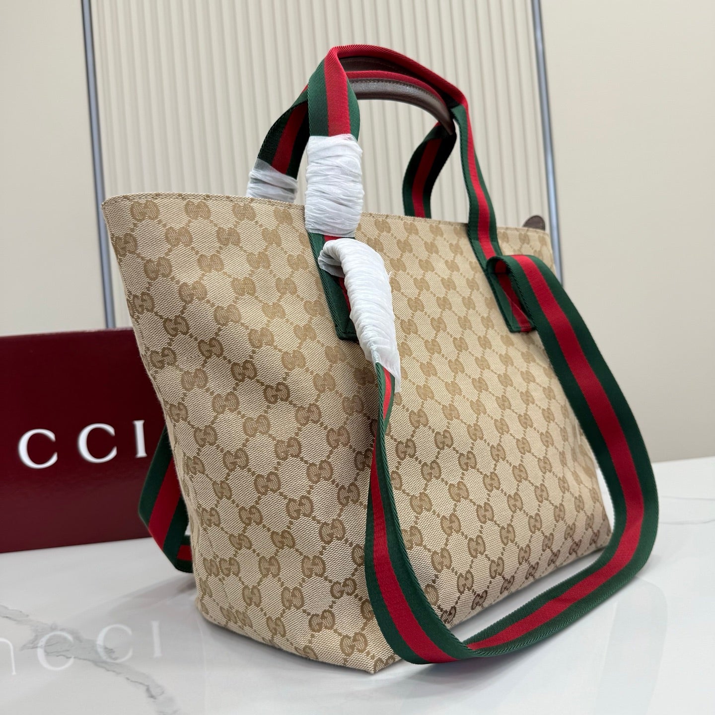 Gucci Generation GG Canvas Tote Apricot Red-Green Web 875941