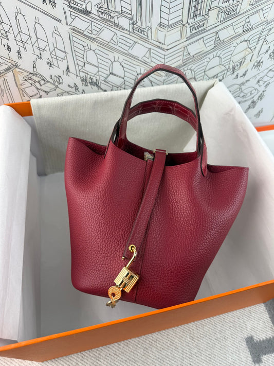 Hermes Picotin 18 Touch Crocodile Bordeaux Gold Hardware HM18T22