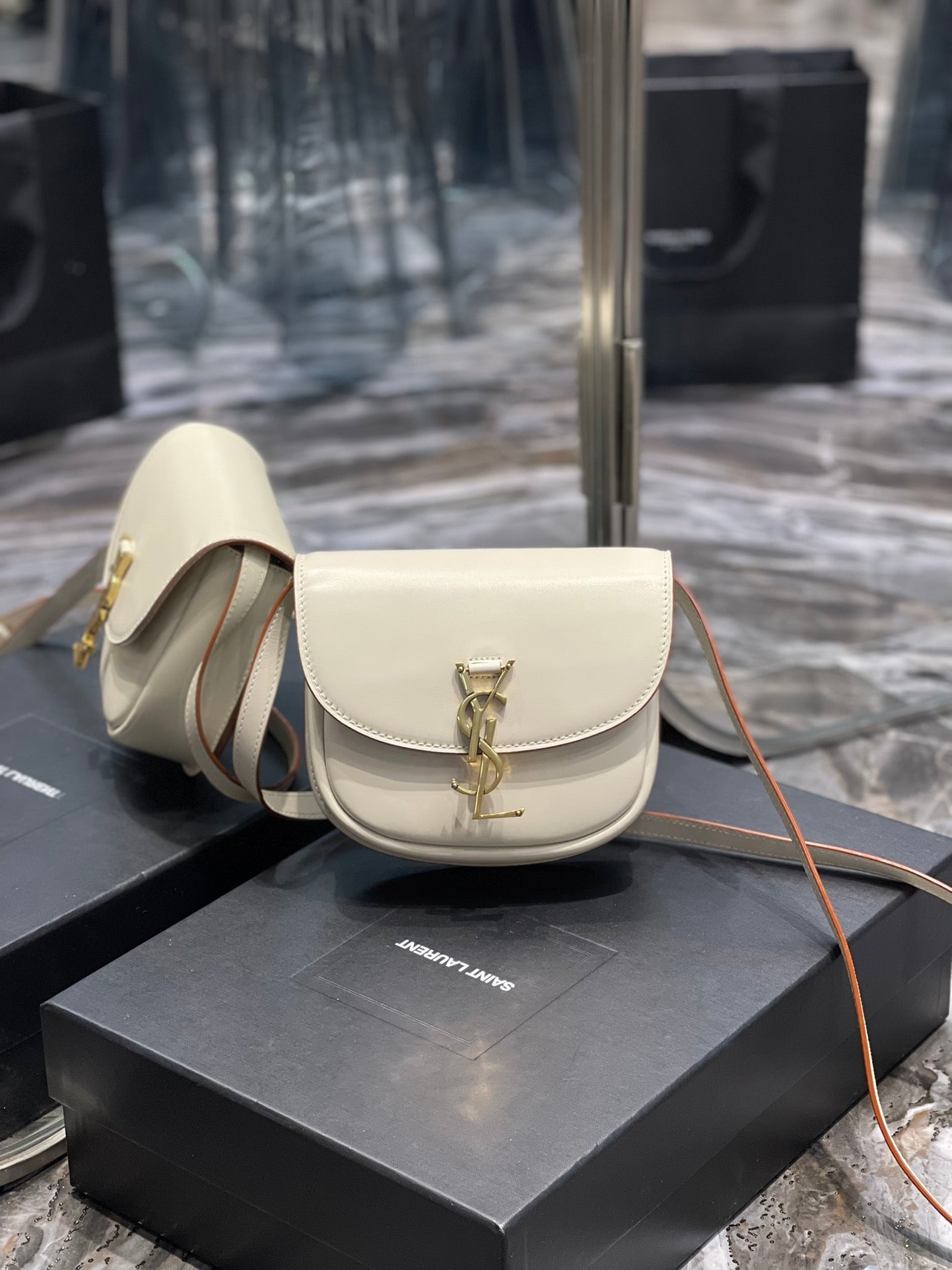 ysl5561240940 kaia small saddle bag white gold hardware 619740