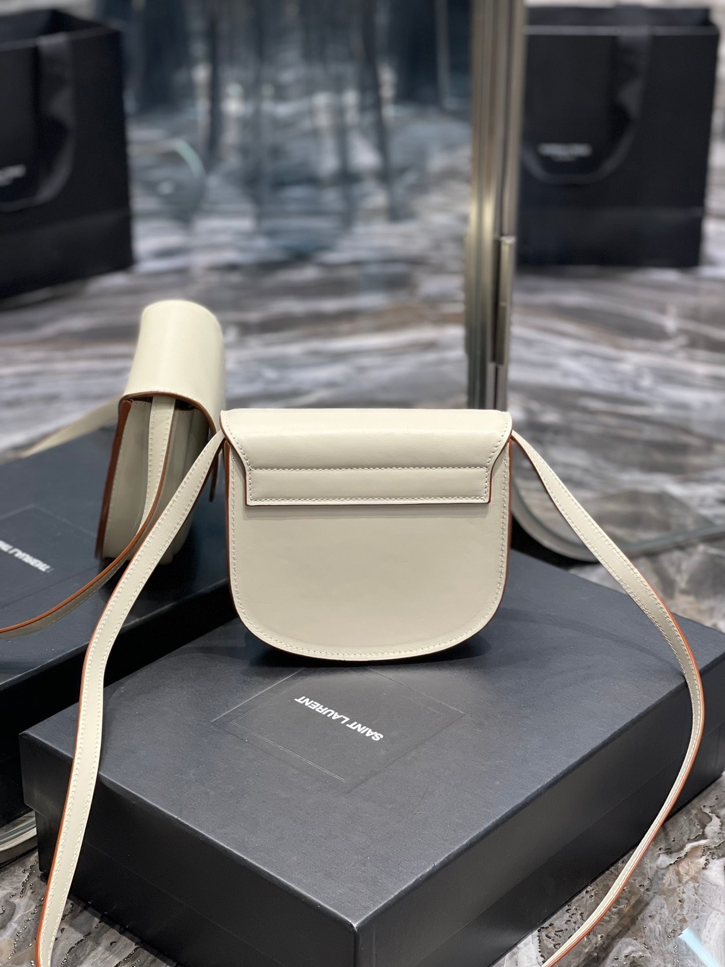 ysl5561240940 kaia small saddle bag white gold hardware 619740