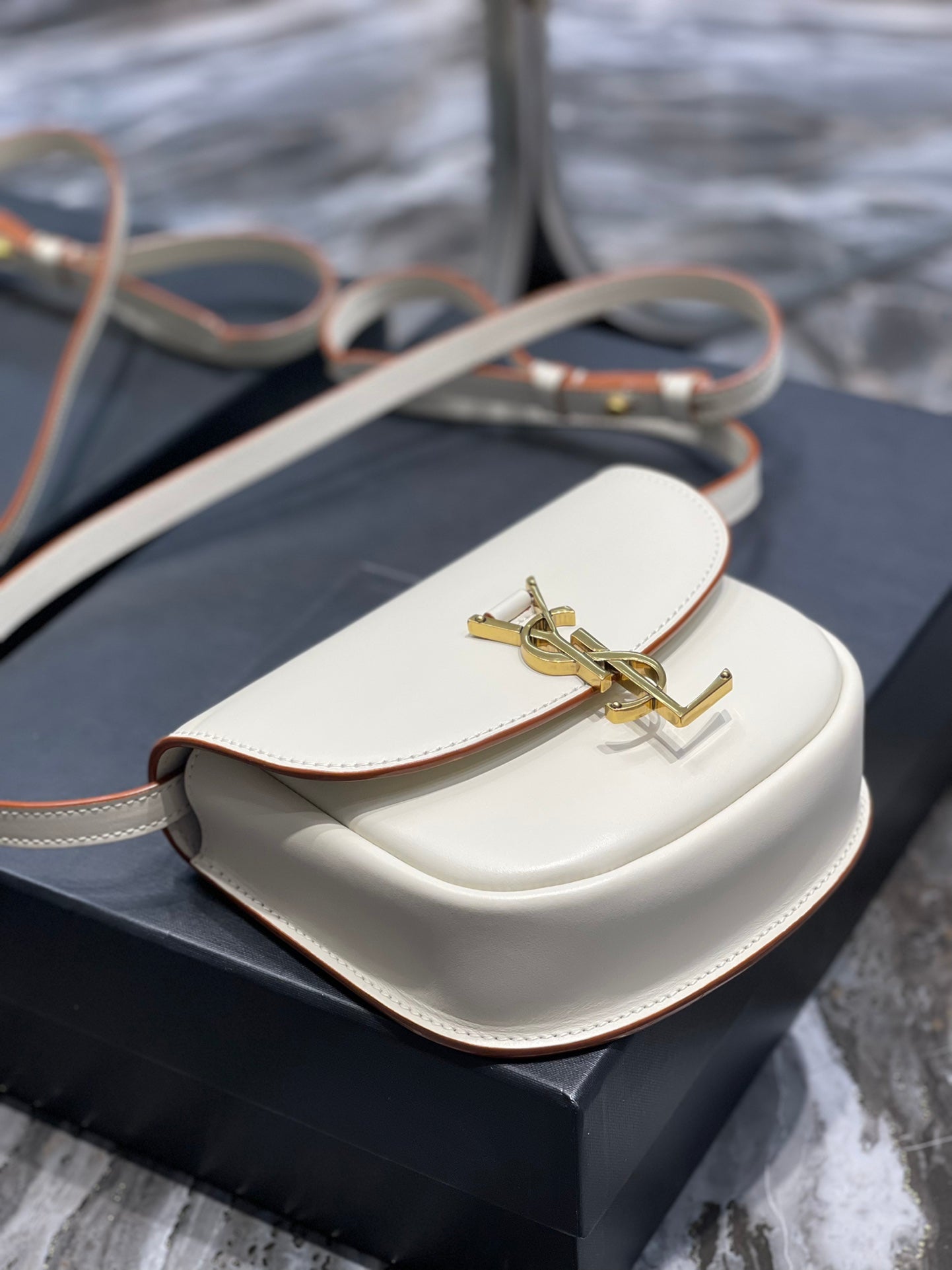 ysl5561240940 kaia small saddle bag white gold hardware 619740