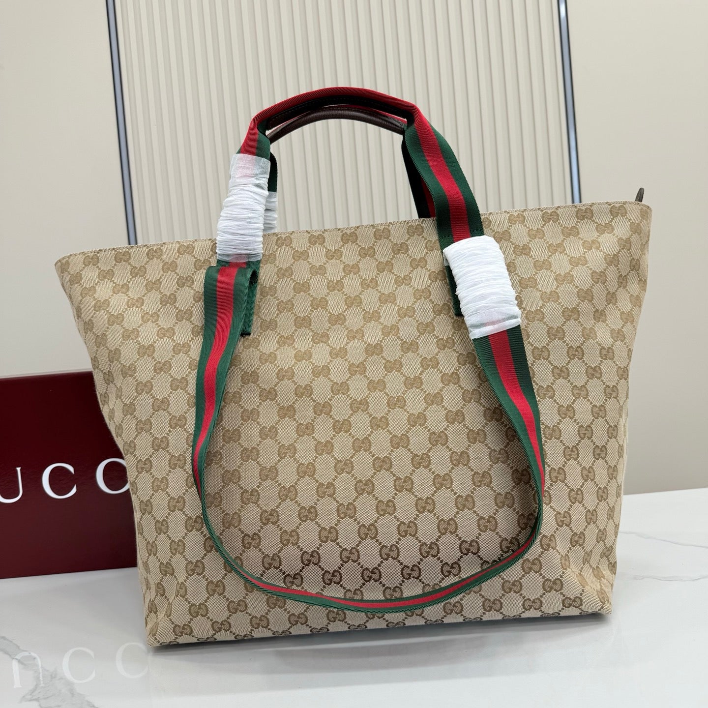 Gucci Generation GG Canvas Tote Apricot Red-Green Web 875929