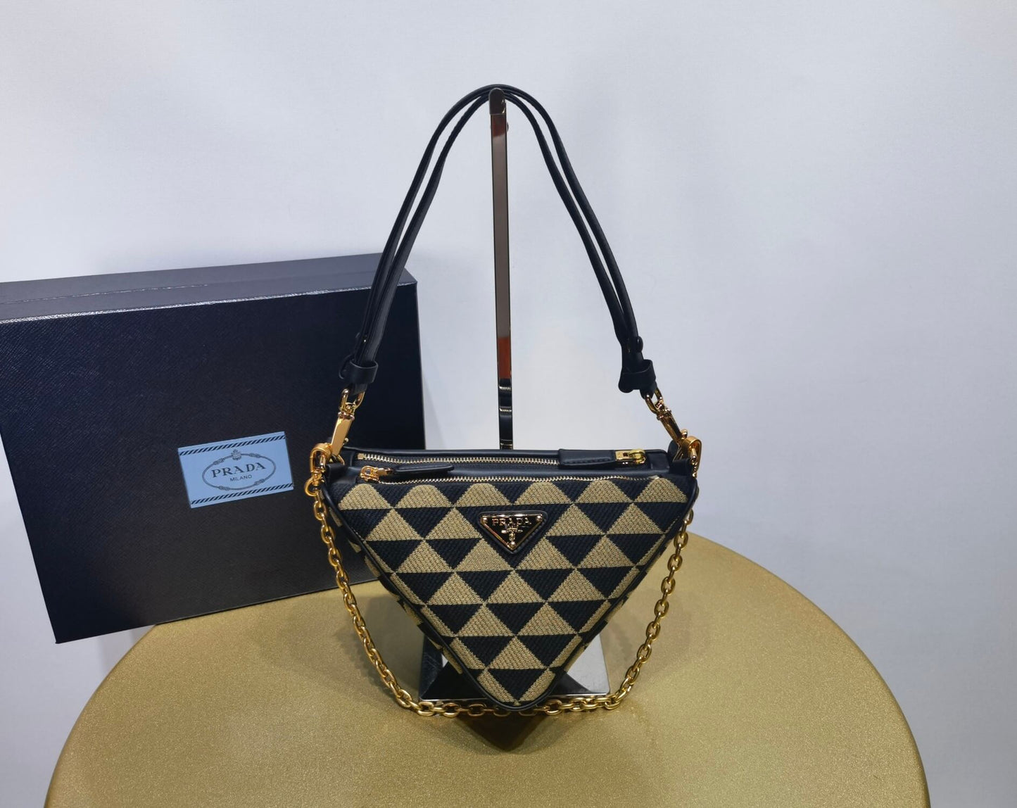 1bc176 prada symbole leather and fabric mini bag black beige