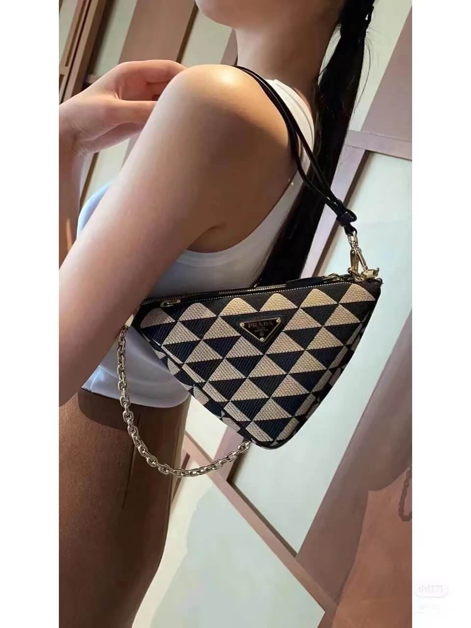 1bc176 prada symbole leather and fabric mini bag black beige